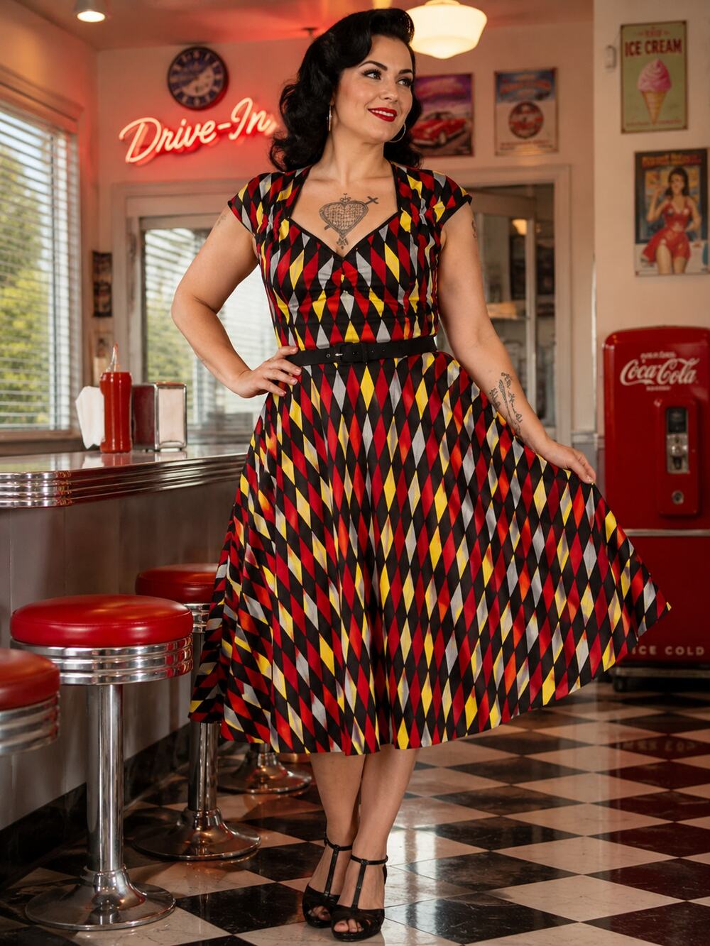 PINUP COUTURE Harlequin Gryffindor Swing Retro Dress Red Yellow Black  Size 3X